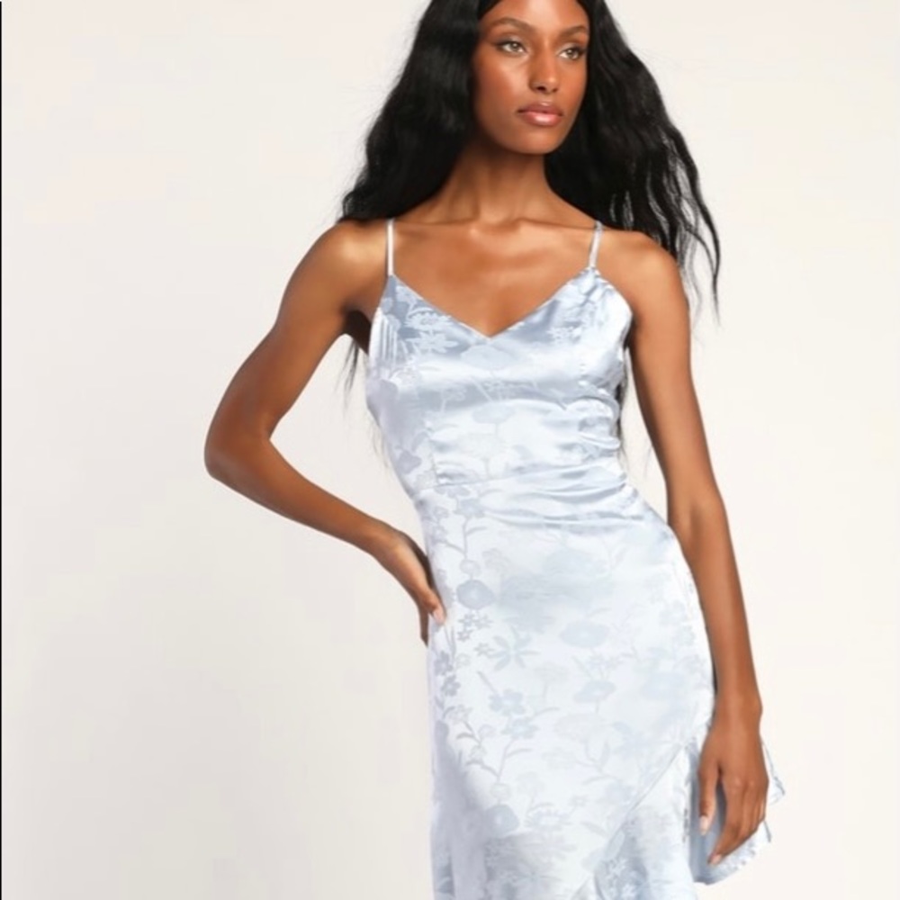 Love It Light Blue Satin Floral Jacquard Asymmetrical Midi Dress